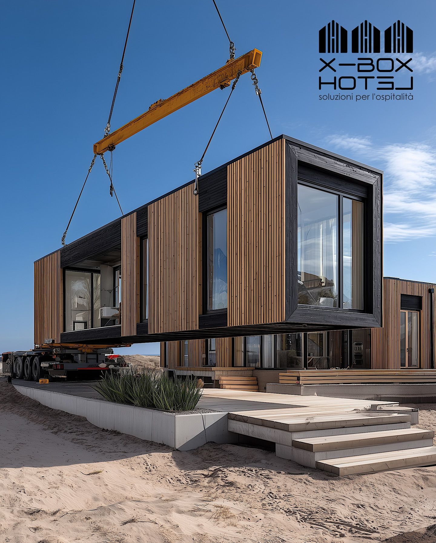 Modulo X-BOX sollevato da gru in cantiere fronte mare