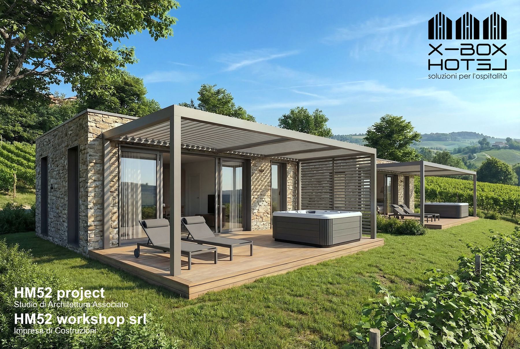 Modulo X-BOX in pietra con pergola e jacuzzi su vigneto