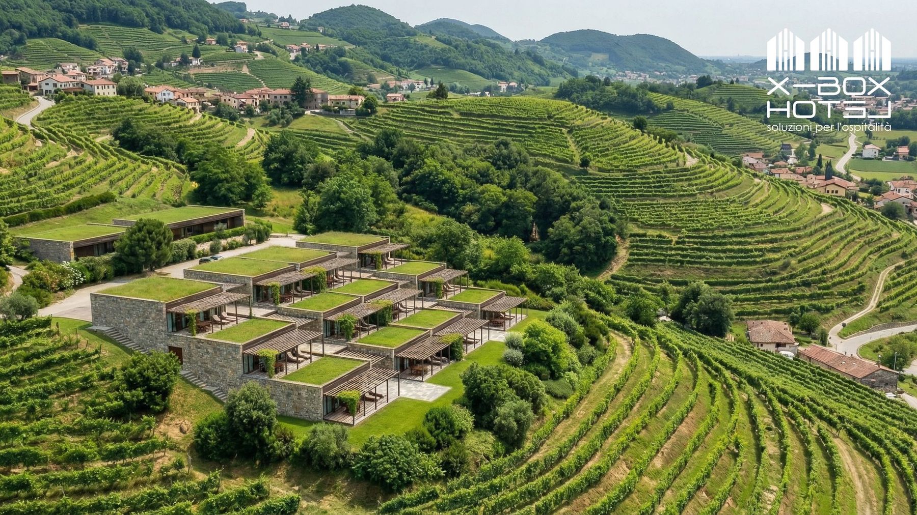 Resort modulare sui colli del Prosecco vista aerea